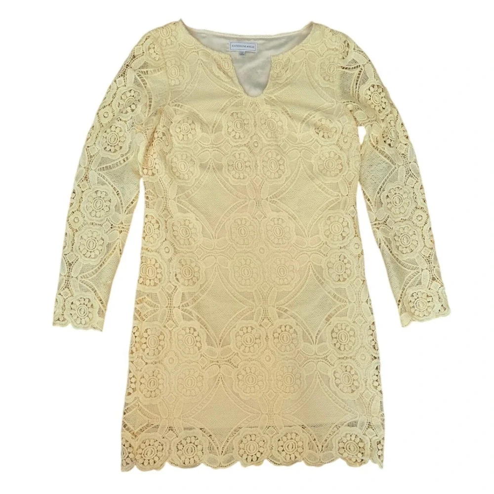 Katherine Kelly Yellow Lace Crochet Shift Dress Long Sleeve Sz 2 Cocktail Preppy - Picture 6 of 6